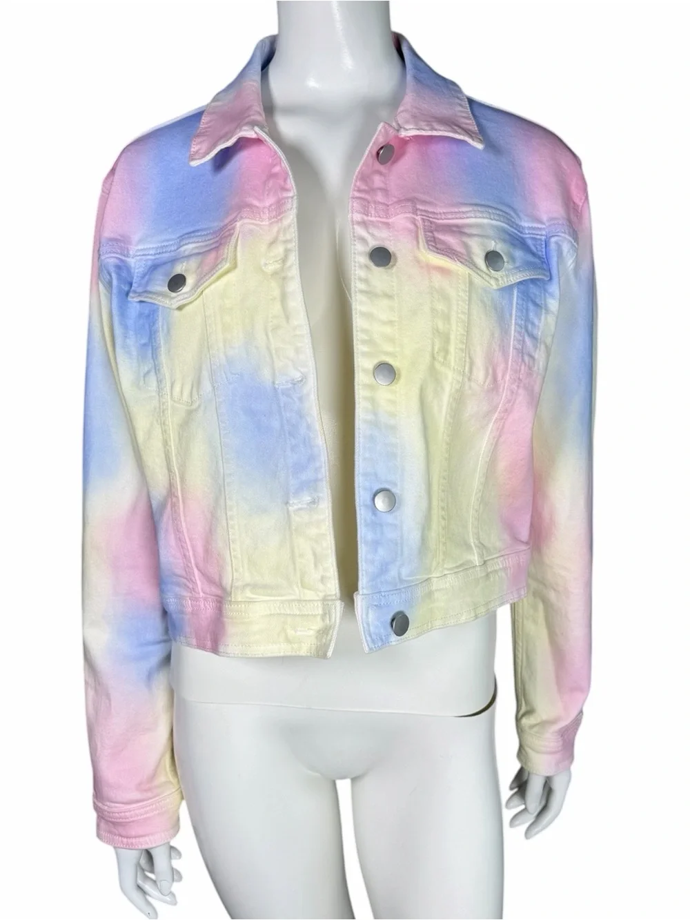 AQUA Tie Dye Denim Jacket Pastel Rainbow Cropped Cotton Trucker Large